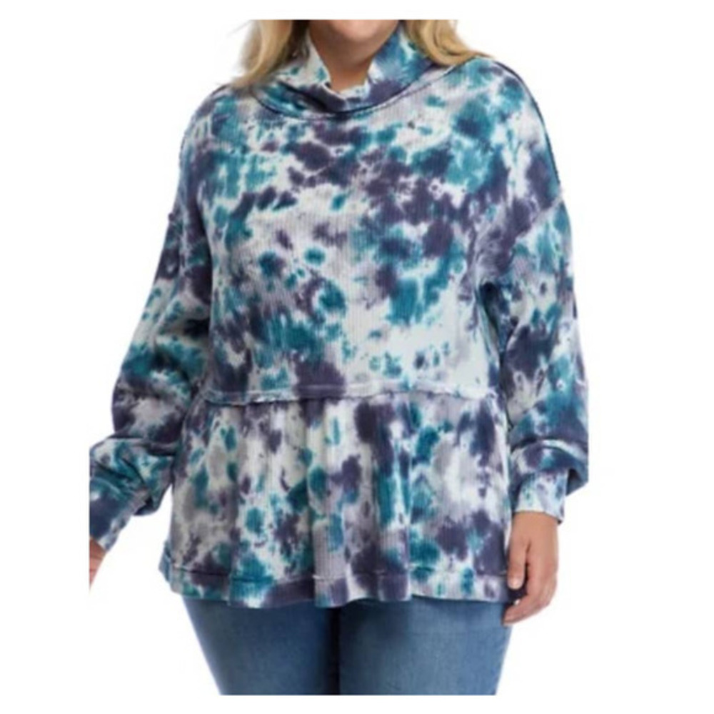 NEW Waffle Knit Pullover‎ Top Plus Size 2X Peplum Mock Neck Blue White Tie Dye
